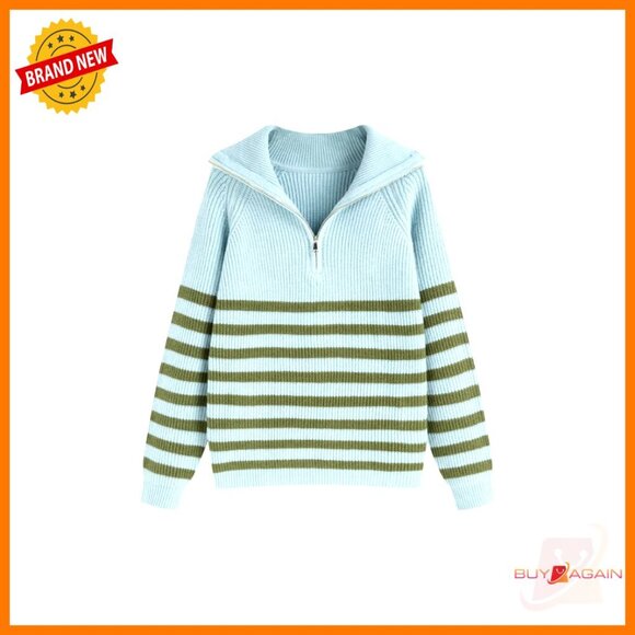 Sweaters - Striped Quarter Zip Pullover Mock Neck Knit Sweater Oversized Casual Chic